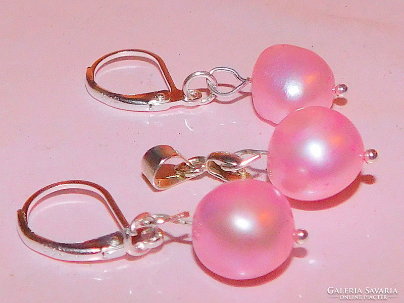 Pink akoya real pearl earrings and pendant set