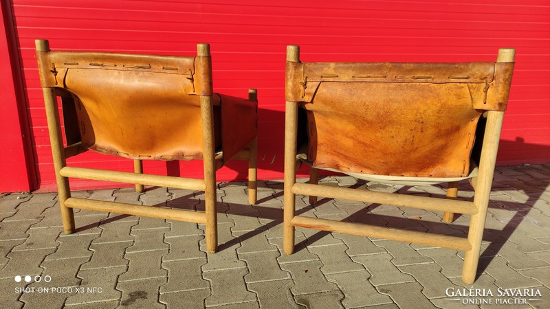 Mid Century Skandináv design fa + bőr karos szék fotel 2 darab