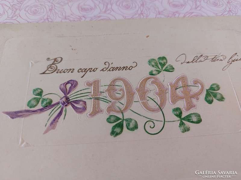 Régi újévi képeslap 1904 dombornyomott levelezőlap lóhere