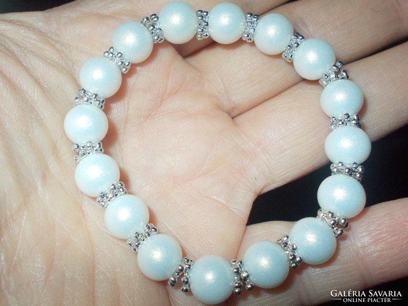 White jade mineral pearl Tibetan silver bracelet