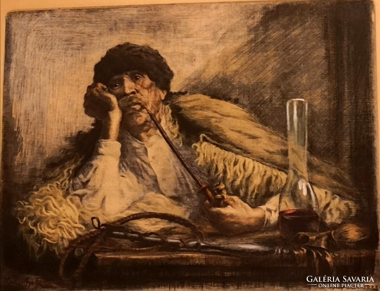 Fk/138 - nándor vidai brenner / gyula glatter - rider smoking a pipe, colored etching