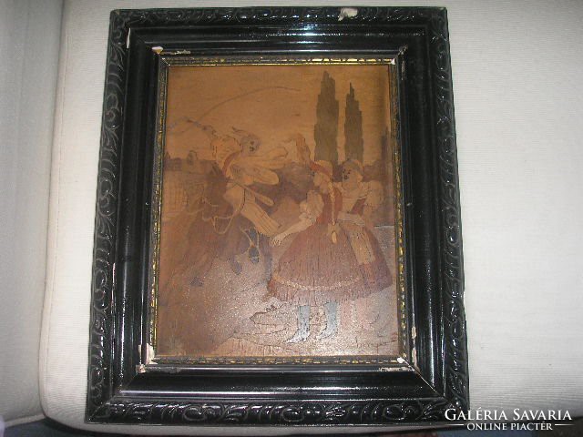 Antique marquetry inlaid artistic colorful equestrian picture, which is a very detailed rarity 40 x 34 cm