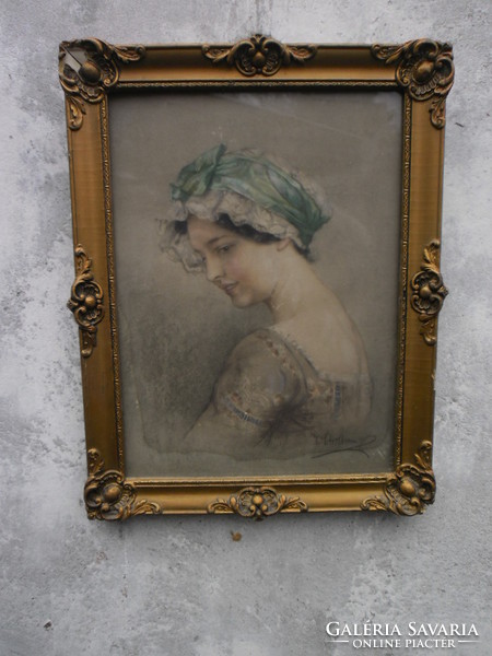 Schramm Viktor (1865-1929) Női portré, vegyes technika-papír, jelzett, üvegezett keretben. Ritkaság