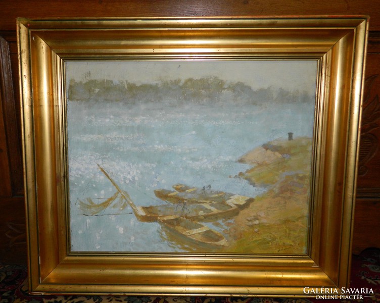 Tóth-B. László (1906 - 1981) Tópart hajókkal festmény