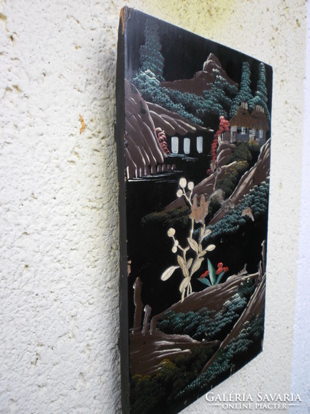 Antik, japán festmény "A Fuji lábánál I." Kézzel festett,csont berakásos alkotás. Ritka