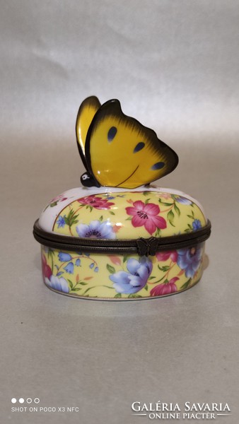 Antik Limoges France porcelán pillangós réz szerelékes szelence doboz