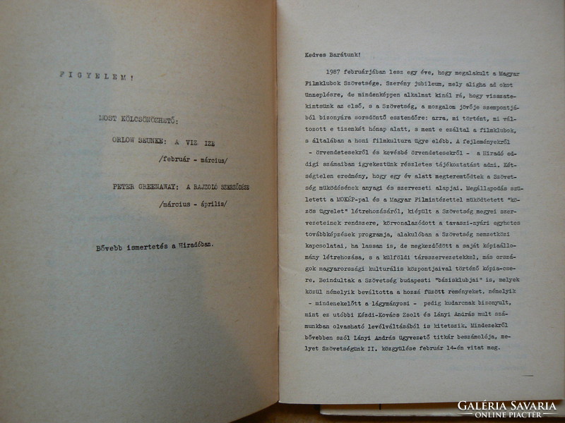 Newsletter (Bulletin of the Association of Hungarian Film Clubs, Issues 3 - 4) 1987, book in good condition,