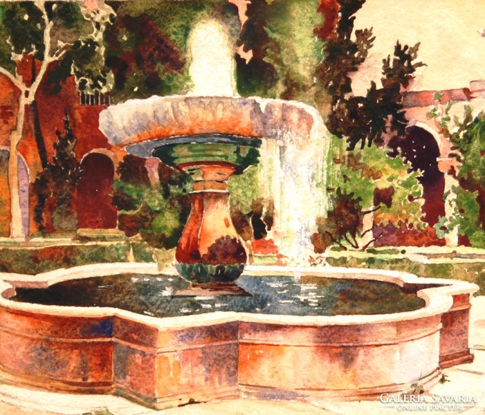 Jenő Rados (1895-1992): fountain, 1919 - original watercolor, framed