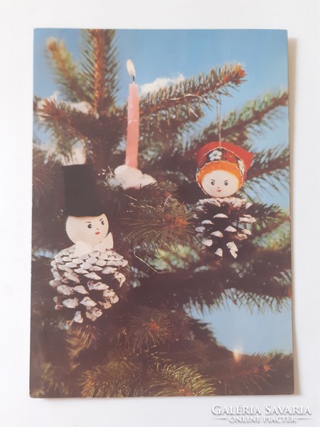 Retro képeslap régi fotó levelezőlap tobozos karácsonyfadíszekkel