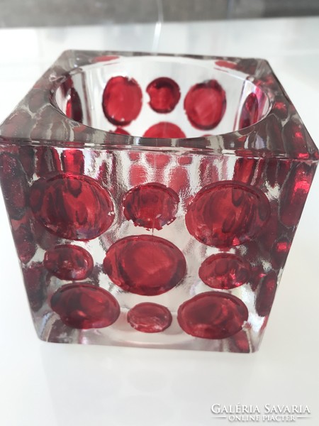 Glass vase, thick cast glass, painted with red dots, 9.5x9.5 cm
