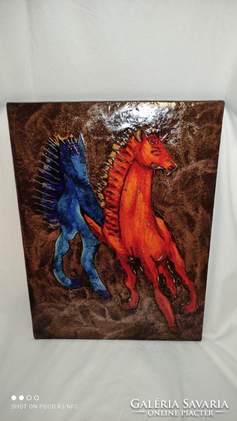 Vintage ruscha wild stallions wild horses fat lava large size ceramic wall ornament wall picture 1970s