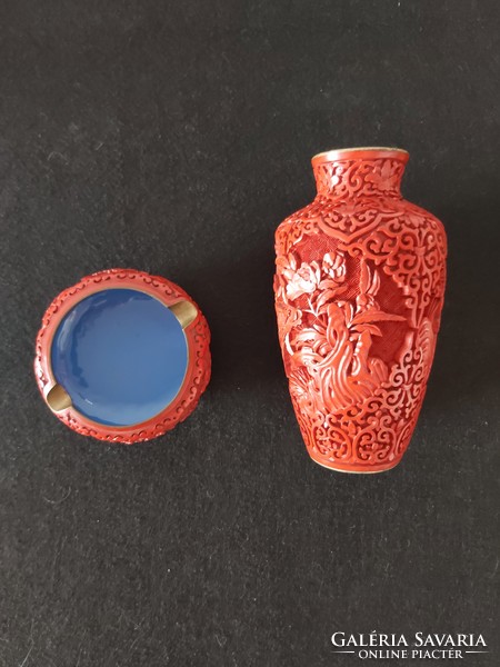 Chinese cinnabar engraved lacquer vase and ashtray