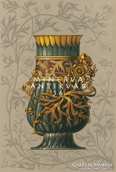 Régi antik zöld fém váza aranyozott levéldísz A.Seder 1896 szecessziós nyomat reprint