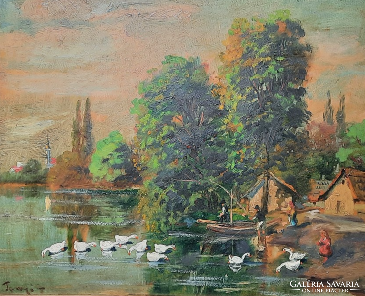 Tanyi j. Marked: idyllic village life with geese, marked oil cardboard