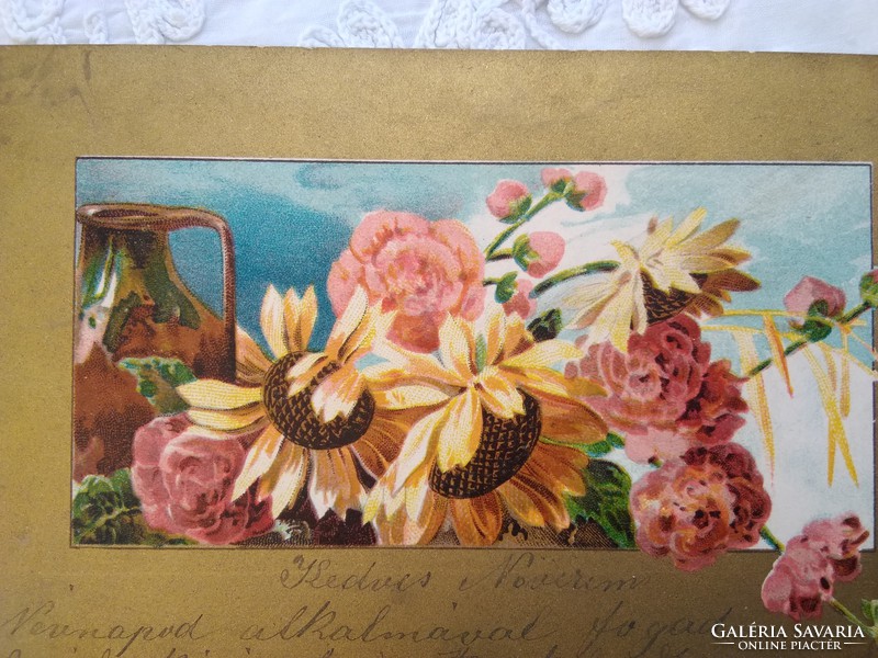 Antik hosszúcímzéses szecessziós aranyozott litho/litográfiás képeslap virágok/napraforgó 1900 körül
