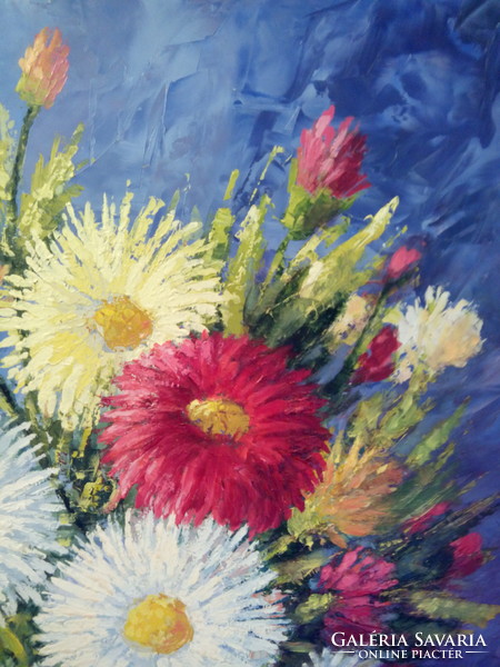 A kiváló ajándék kiváló áron! 70 cm x 50 cm  Czene M. Virág csendélet olaj / farost festmény
