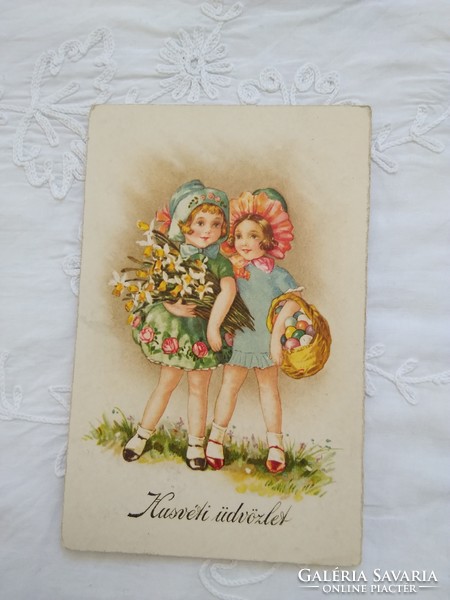 Antik grafikus húsvéti gyerekmotívumos képeslap, gyerekek, jácint, tojások 1929