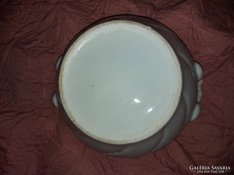 Antik csehszlovák porcelán gyöngyös fehér barokk nagyobb gömbtál, fedeles leveses tál