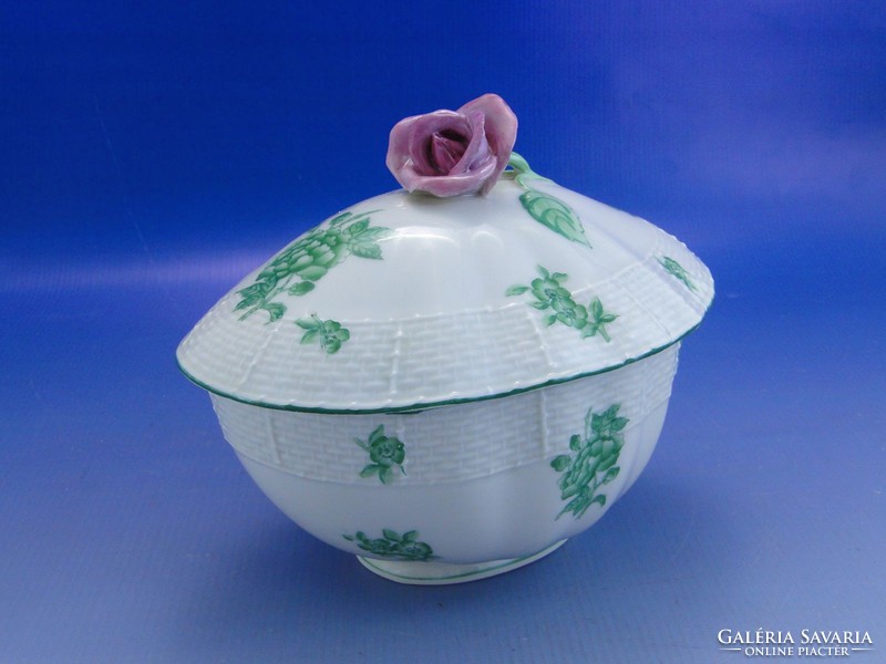 0A044 Antik zöld virágmintás Herendi porcelán bonbonier
