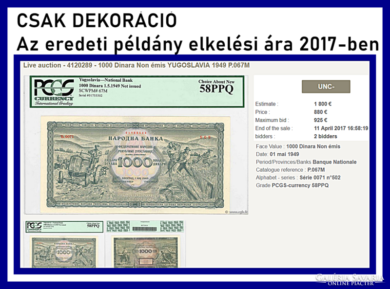 Yugoszláv 1000 Dinara 1949 P67m ( Banki másolat ) UNC