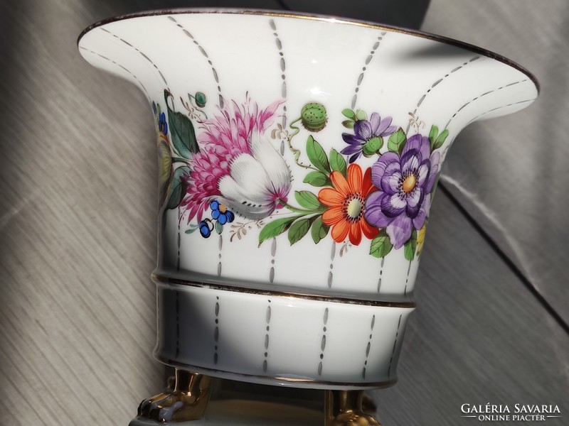 Herend vase in a pot on lion claws with colorful flower decor 1930s