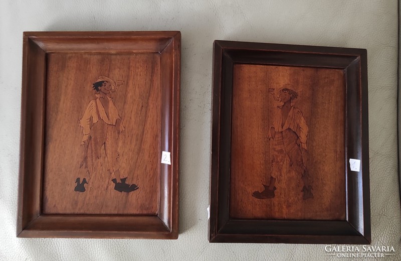 Antique marquetry picture, wooden frame, 1 or 2 pcs