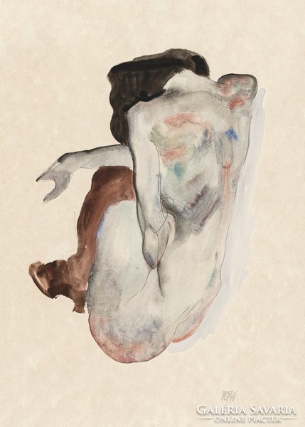 Egon Schiele - squatting female nude in stockings - reprint
