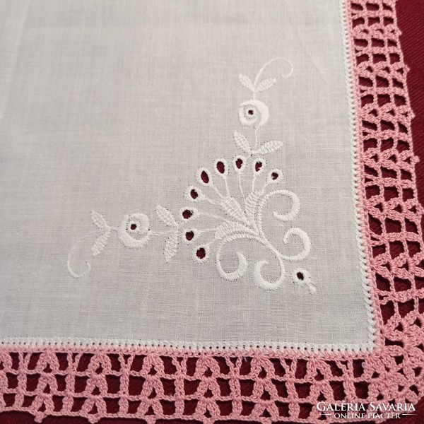 3 white, embroidered handkerchiefs,