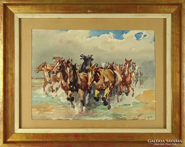 1H198 XX. századi magyar festő : Vágtató ménes lovak