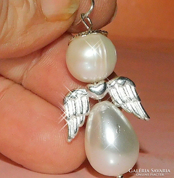Off-white shell pearl with pearl drops and real pearl halo angel pendant