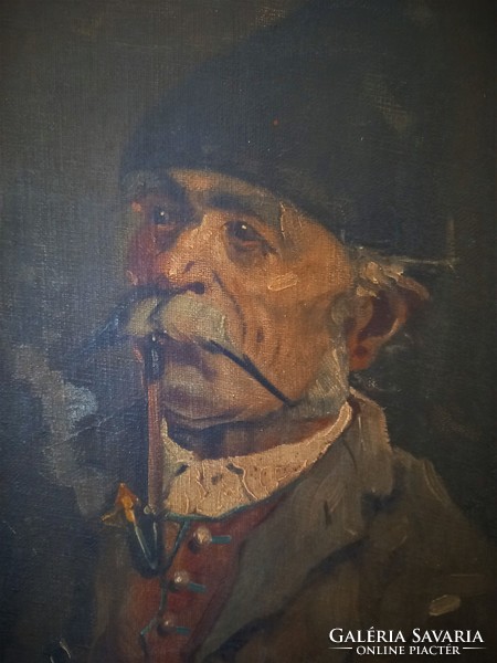 Portrait of Jenő Kasznár - old man smoking a pipe, circa 1920 oil painting, folk