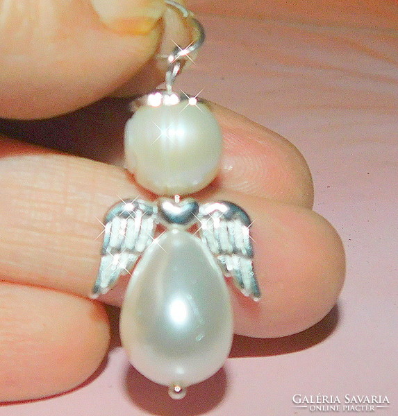 Off-white shell pearl with pearl drops and real pearl halo angel pendant