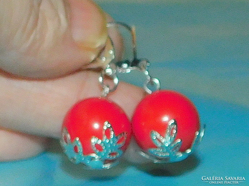 Coral red snowflake sphere earrings