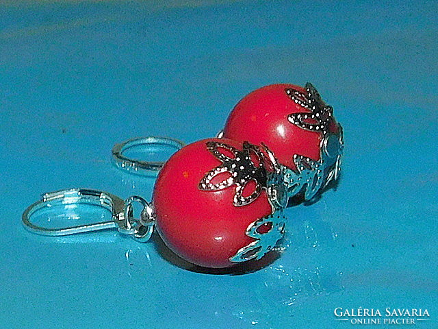Coral red snowflake sphere earrings