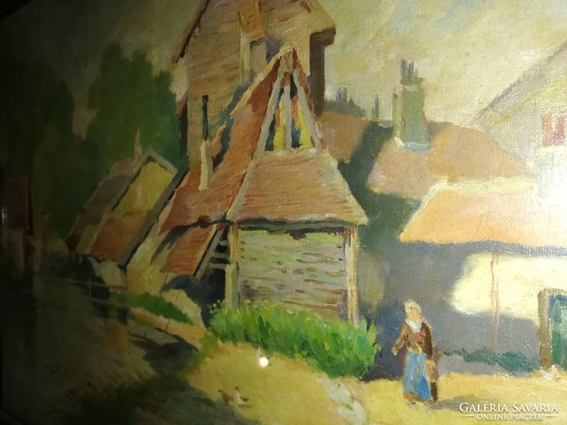 With unknown signature: village idyll. Oil on canvas with maybe Slovak or highland houses