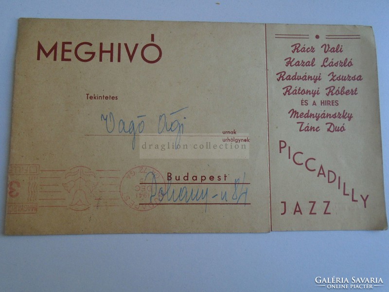 ZA376A2  Meghívó táncestre 1941 postázva gépi bérmentesítéssel (3 fillér) Rátonyi R. Piccadilly JAZZ