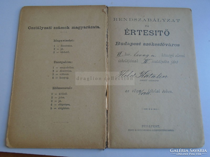 ZA376A5 Elemi Iskolai Értesítő  Held Katalin  Budapest  VI ker 1899  (Held Fülöp szülői aláírásával)