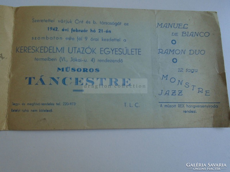 ZA376A1  Meghívó  táncestre 1942  postázva gépi bérmentesítéssel (3 fillér) Ramon duo   Monstre Jazz