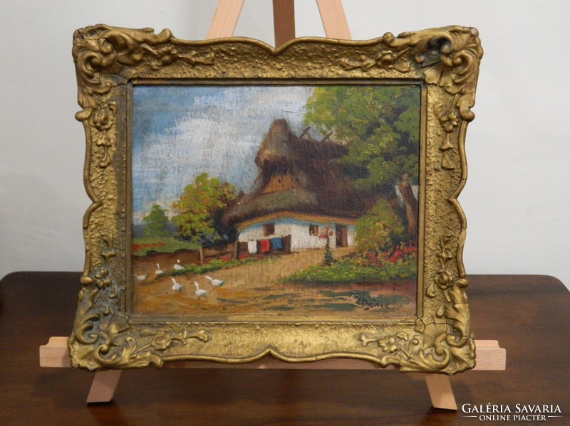 Antik szignózott tanya jelenet festmény