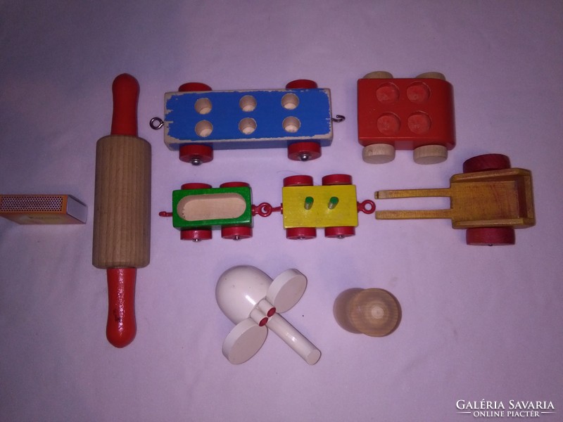 Retro wooden toys together - elephant, cars, stretcher, ...