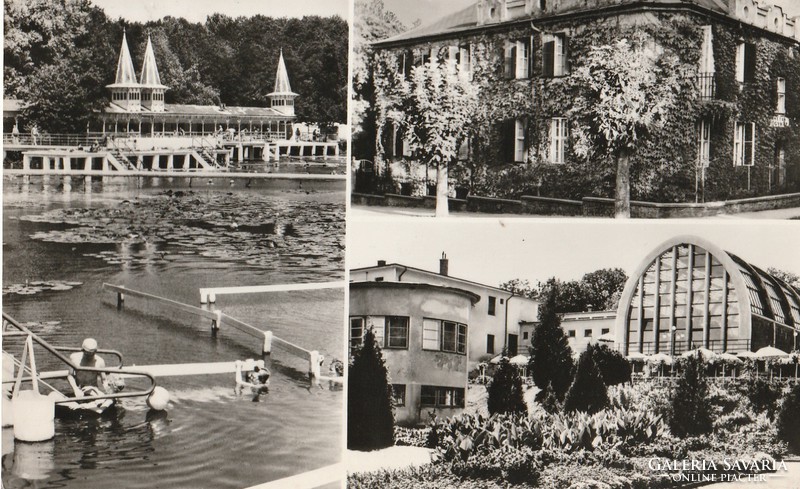 Retro képeslap - Hévíz gyógyfürdő, 3 városkép