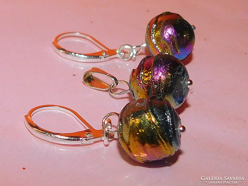 French handcrafted rainbow pearl earrings and pendant set