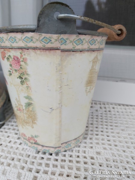 Beautiful vintage scene in tin metal bucket pot with fabulous pieces of rosy floral chinese geisha