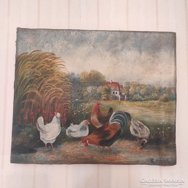 Poultry yard with antique oil painting on oil canvas