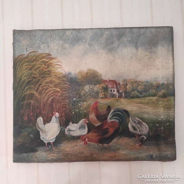 Poultry yard with antique oil painting on oil canvas
