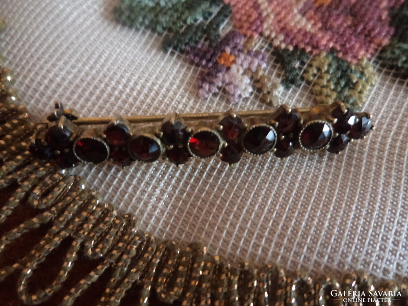 Antique collar pin - gilded silver brooch - decorated with polished garnet stones