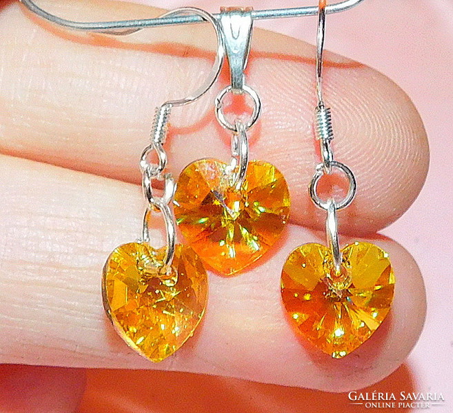 Gold citrine luster crystal heart earrings and pendant set