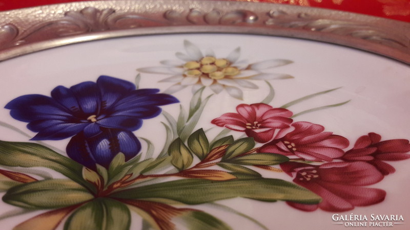 Havasi, alpesi virágos porcelán betétes ón tányér (M1996)