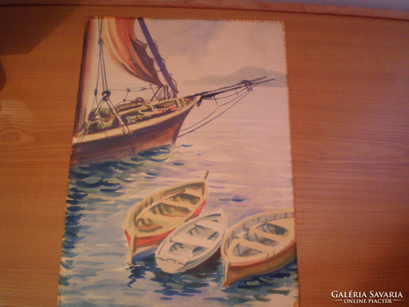 Sailboat with boats, aquarell, without marking, size: 43 cm x 30 cm. From the 1970s