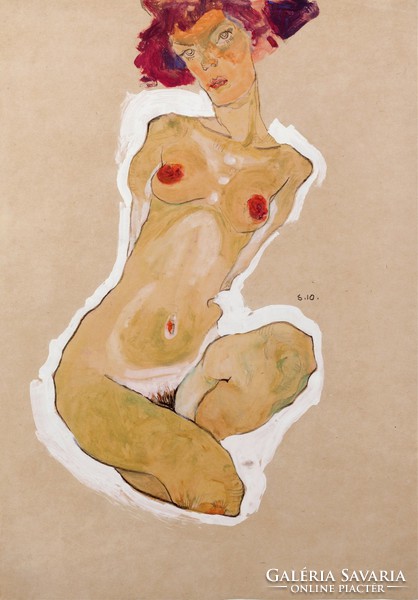 Egon schiele - squatting female nude - reprint